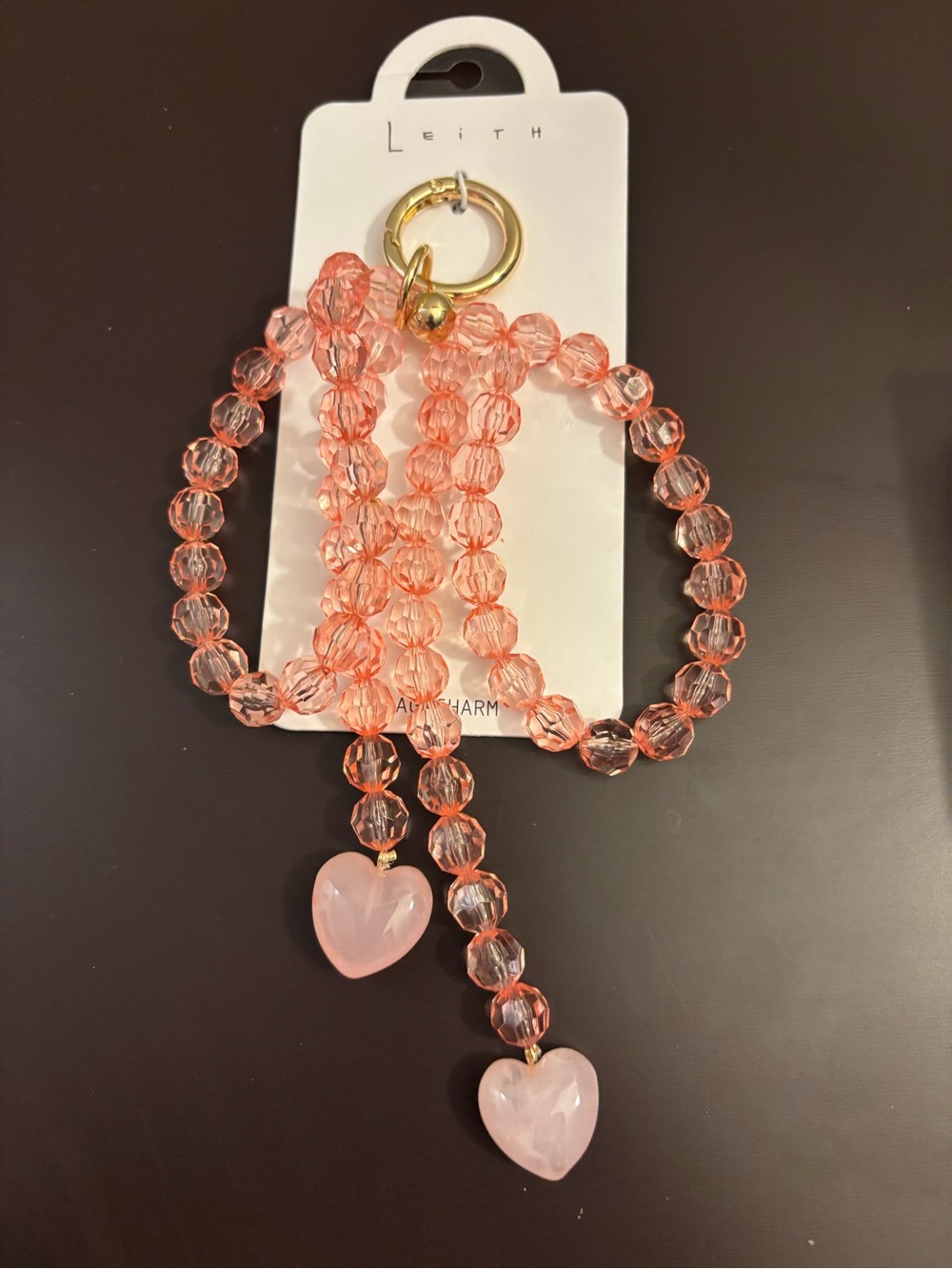 Leith Coral Pink Beaded Bag Chaim with Gold Ring and Heart Nugget